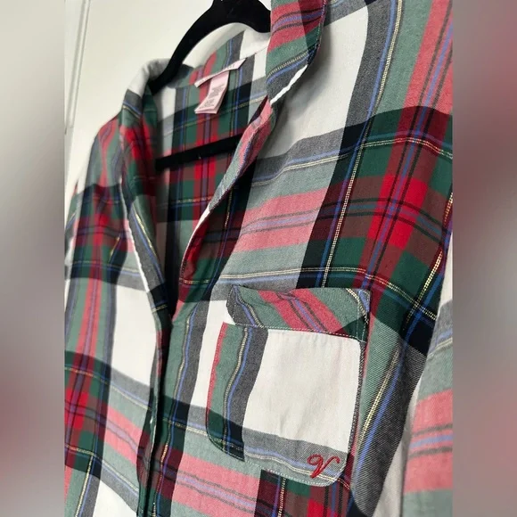 Victoria's Secret Flannel PJ Pajama Set White Red Green Plaid Size Small - Picture 9 of 16